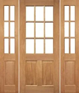 Timber door and two sidelights with rectangular glazed openings and lower panels