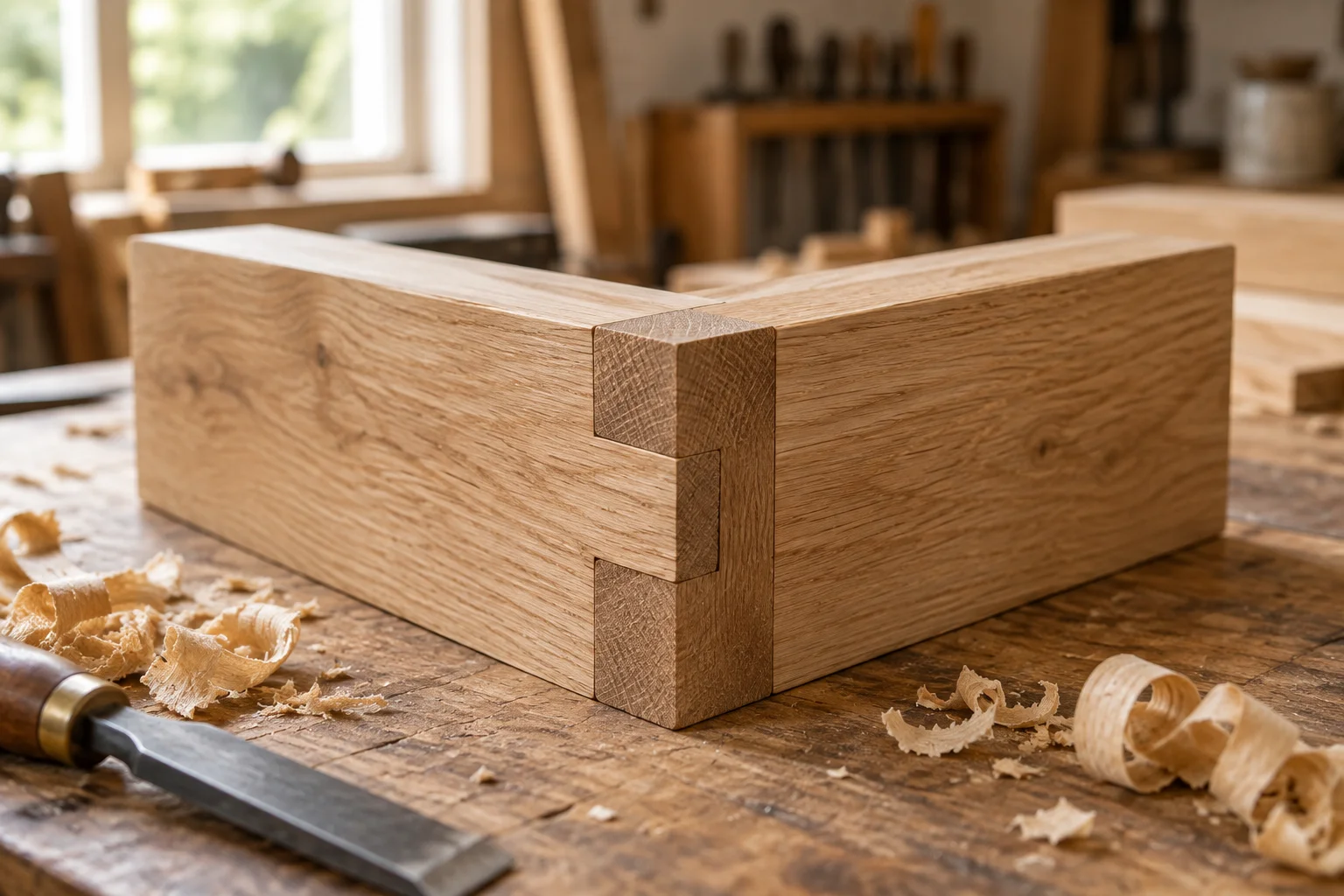 Illustrative close-up of a timber joint on a joinery workbench