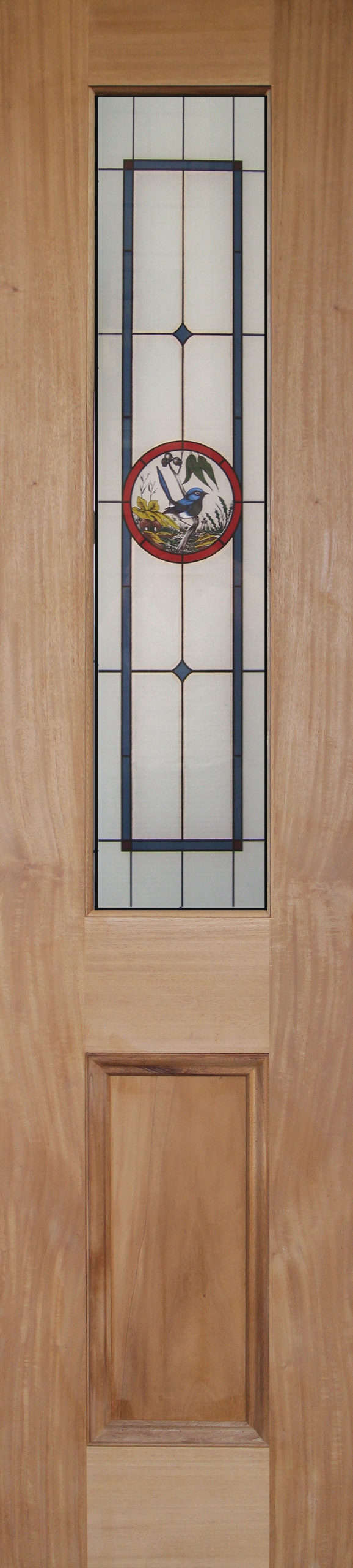 Victorian timber sidelite with Blue Wren enamel